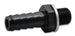 Vibrant male 10mm x 1.0 metric to 3/8 inch barb fitting showing the fitting's metal body and threading for hoses.