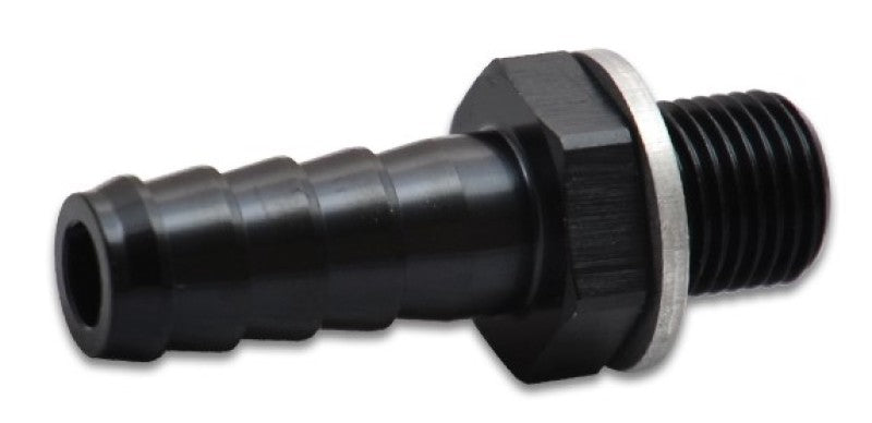 Vibrant male 10mm x 1.0 metric to 3/8 inch barb fitting showing the fitting's metal body and threading for hoses.