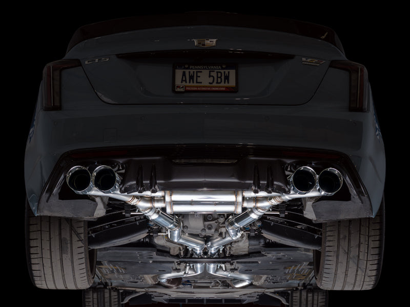 AWE Tuning Cadillac CT5-V Blackwing catback exhaust with chrome silver tips, showcasing the sleek, polished chrome finish and dual exhaust pipes.