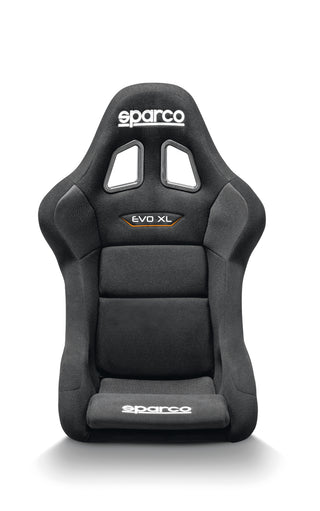 SPARCO Evo XL Black racing seat with supportive design and high-back for racing and gaming setups.