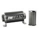 DeatschWerks stainless steel 10AN inline fuel filter housing kit with 10-micron filtration, 110mm length for automotive fuel systems.