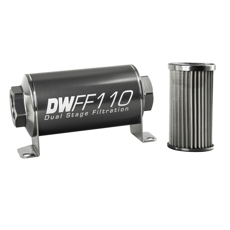 DeatschWerks stainless steel 10AN inline fuel filter housing kit with 10-micron filtration, 110mm length for automotive fuel systems.