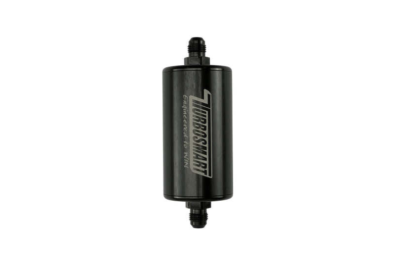 Turbosmart 10um 6AN inline fuel filter in black, designed for automotive fuel systems, with clear housing showing internal filtration elements.