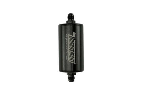 Turbosmart 10um 6AN inline fuel filter in black, designed for automotive fuel systems, with clear housing showing internal filtration elements.