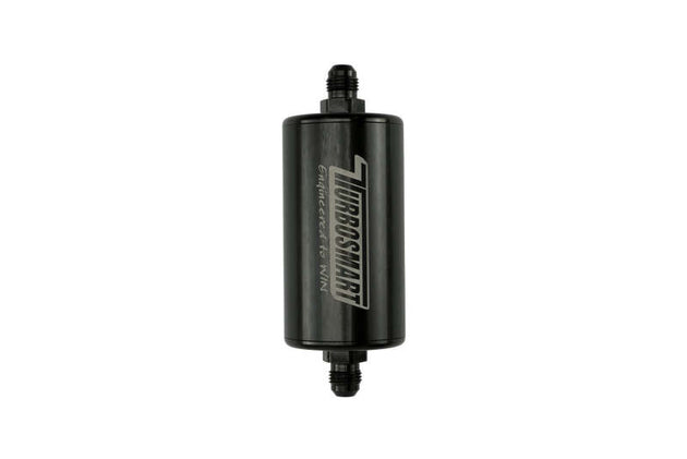 Turbosmart 10um 6AN inline fuel filter in black, designed for automotive fuel systems, with clear housing showing internal filtration elements.