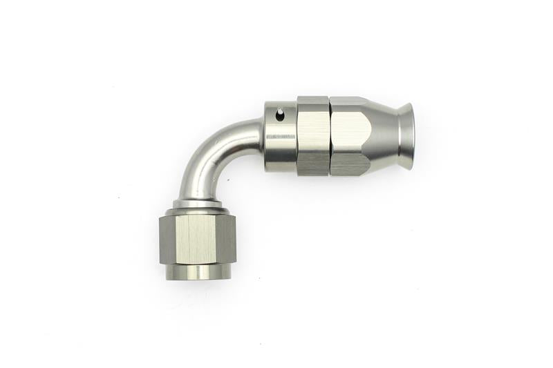 DeatschWerks 6AN female swivel 90-degree hose end fitting with PTFE material and olive insert for fuel or oil lines.
