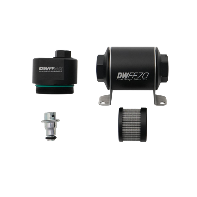 DeatschWerks DWFFR-X 70mm billet fuel filter regulator with 10 micron filtration, showcasing the sleek metal body and adjustment knob.