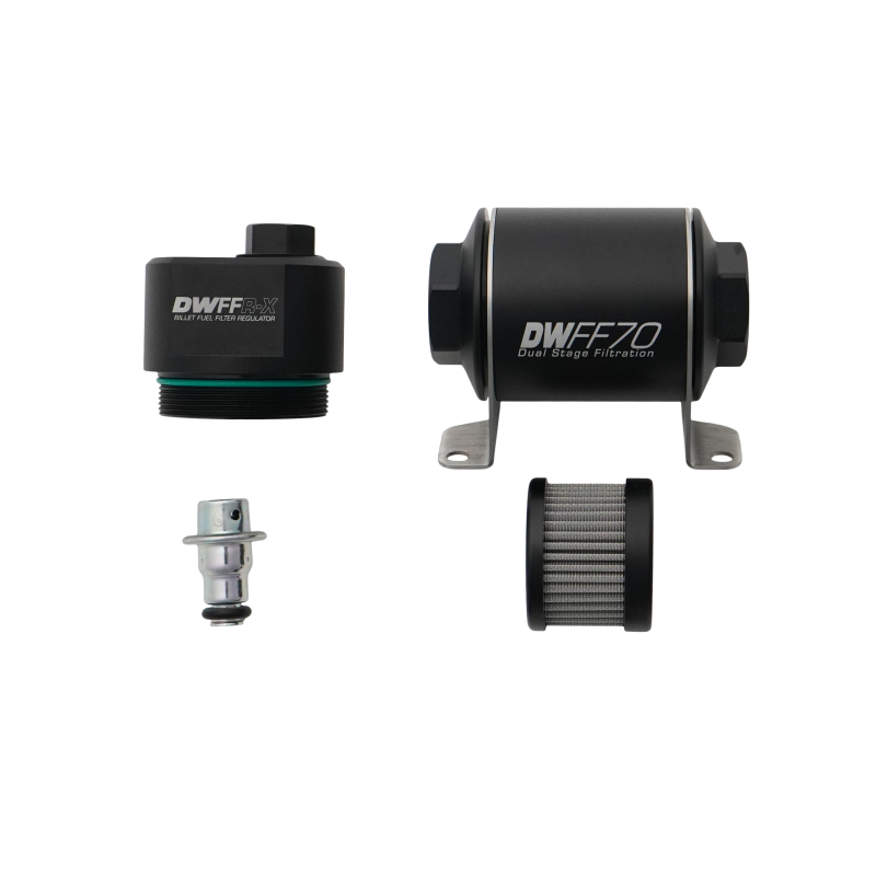 DeatschWerks DWFFR-X 70mm billet fuel filter regulator with 10 micron filtration, showcasing the sleek metal body and adjustment knob.