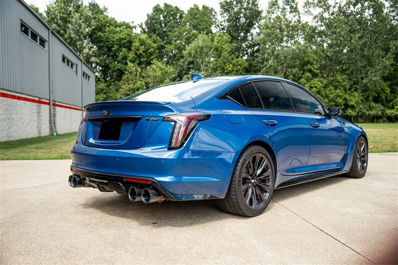CORSA Performance Corsa 2022-25 Caddy CT5 V Blackwing cat-back exhaust with twin 4.5-inch black carbon fiber tips and dual X-pipe.
