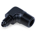 Black Snow Performance 3/8-inch NPT to 4AN elbow water fitting showing detailed metal connector with threaded and angled design.