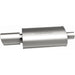 MagnaFlow stainless steel muffler with tip, 14x5x8 inches, featuring dual inlet/outlet pipes and polished finish for vehicle exhaust system.