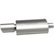 MagnaFlow stainless steel muffler with tip, 14x5x8 inches, featuring dual inlet/outlet pipes and polished finish for vehicle exhaust system.