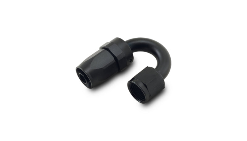 Vibrant -8AN 180 degree elbow hose end fitting, black anodized aluminum, with smooth curved design for automotive or industrial hoses.