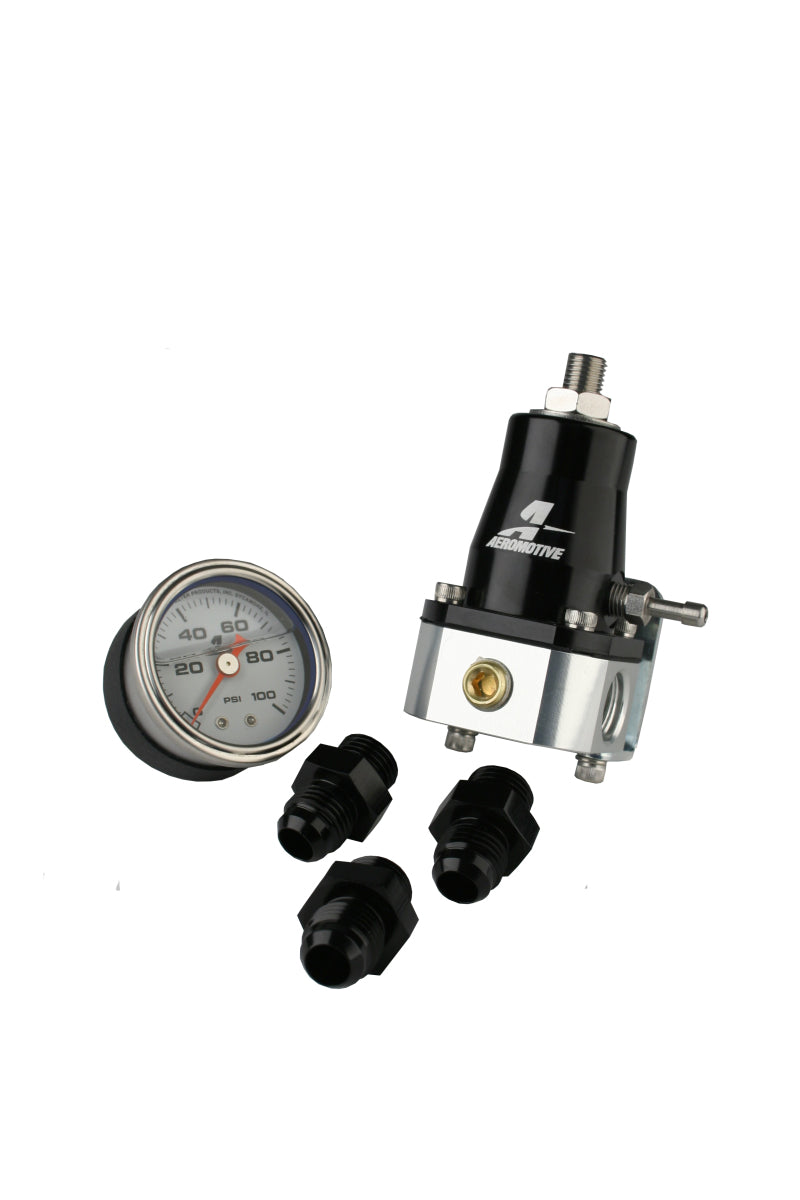 Aeromotive fuel pressure regulator and fitting kit with hoses and fittings for automotive performance applications.