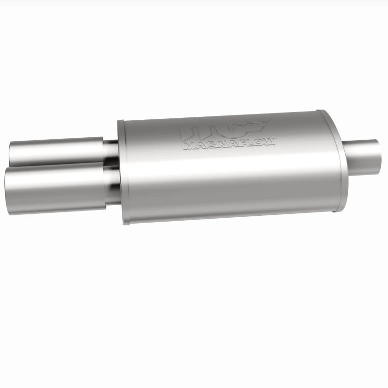 MagnaFlow stainless steel muffler with tip, 14x5x8 inches, featuring dual outlets and a polished exhaust tip for enhanced performance.