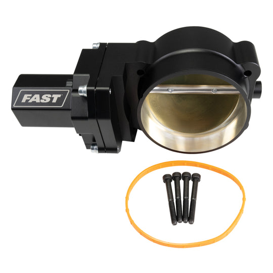 FAST LS 102MM throttle body showing a sleek metal finish and precise airflow control for high-performance engines.