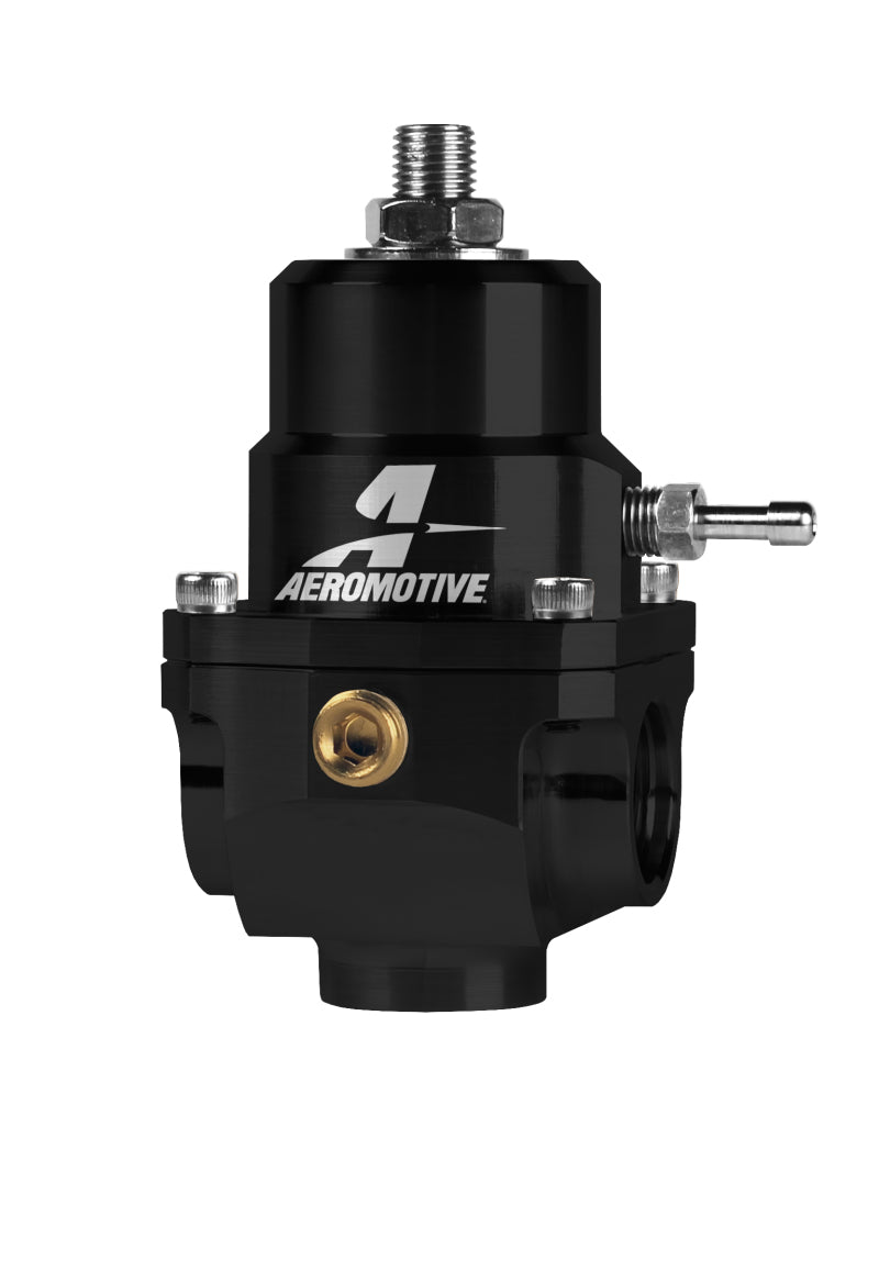 Aeromotive adjustable fuel pressure regulator with 35-75 PSI range, .313 valve, two -08 inlets, and -08 return fittings.