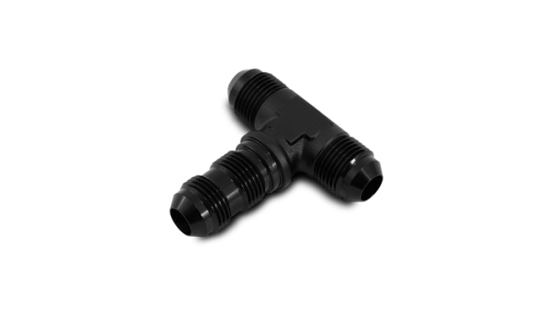 Vibrant black anodized -4AN bulkhead adapter tee fitting, metal plumbing component with threaded connections for custom fluid setups