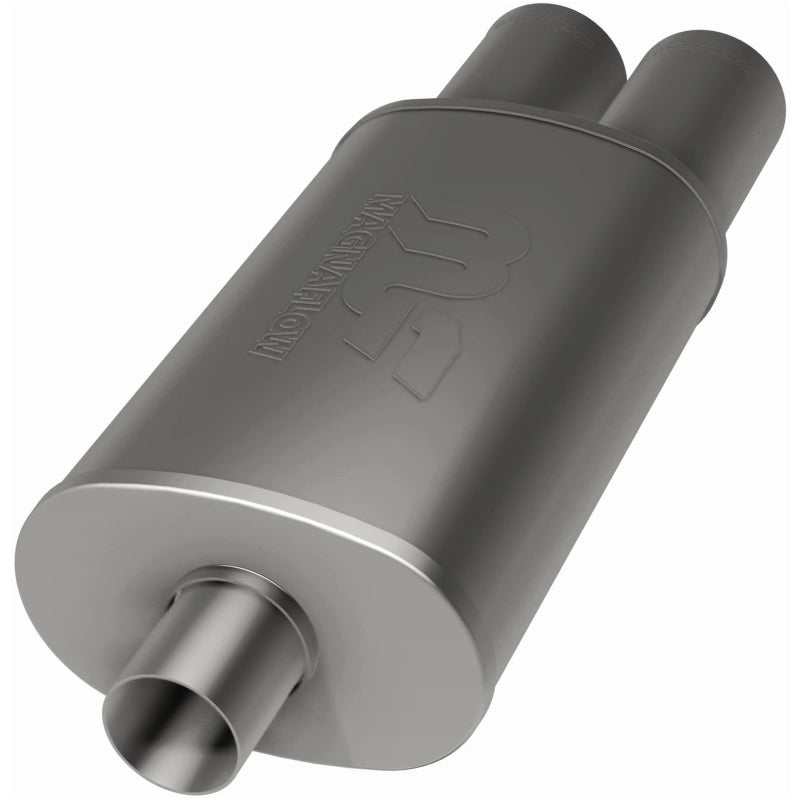 MagnaFlow stainless steel muffler with tip, 14x5x8 inches, featuring dual inlet and outlet, for car exhaust systems.