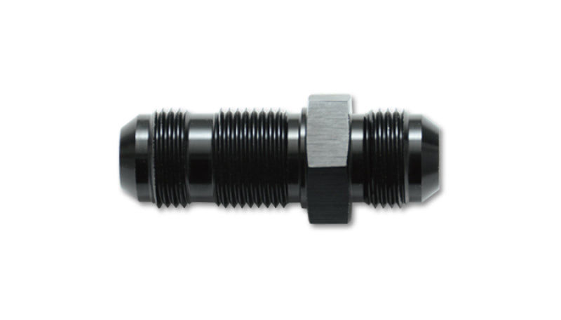 Vibrant aluminum -12AN flare straight bulkhead adapter fitting showing threaded ends and flare connections for high-performance fluid systems.