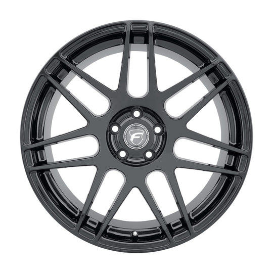 Forgestar F14 18x12 cast wheel in gloss black with 5x120.65 bolt pattern, ET50 offset, and 8.5-inch backspacing.