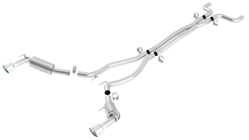 Borla catback exhaust system for 2010-2013 Chevy Camaro SS 6.2L V8 with aggressive muffler design, shown installed on vehicle.