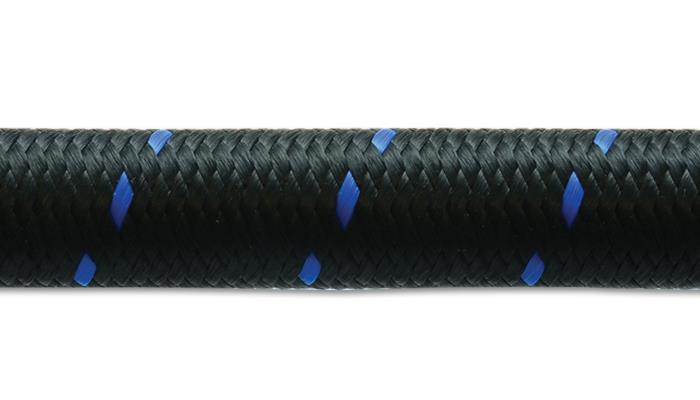 Vibrant -10 AN two-tone black and blue nylon braided flex hose, 20-foot roll, durable automotive or industrial hose.