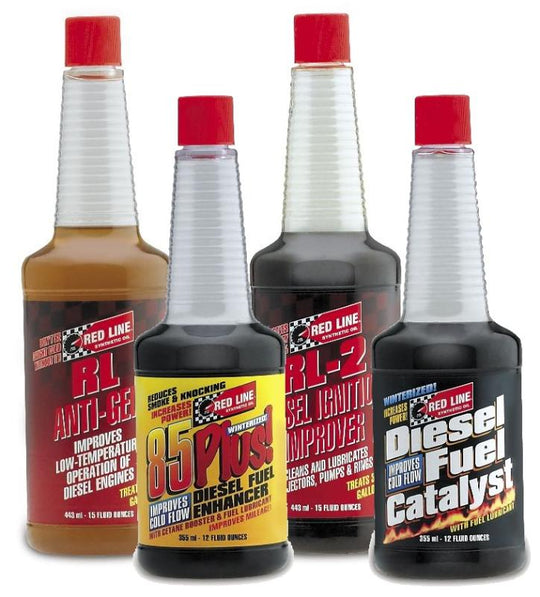 Red Line 85+ Diesel Fuel Additive in 12oz bottle, designed to improve diesel engine performance and fuel efficiency.