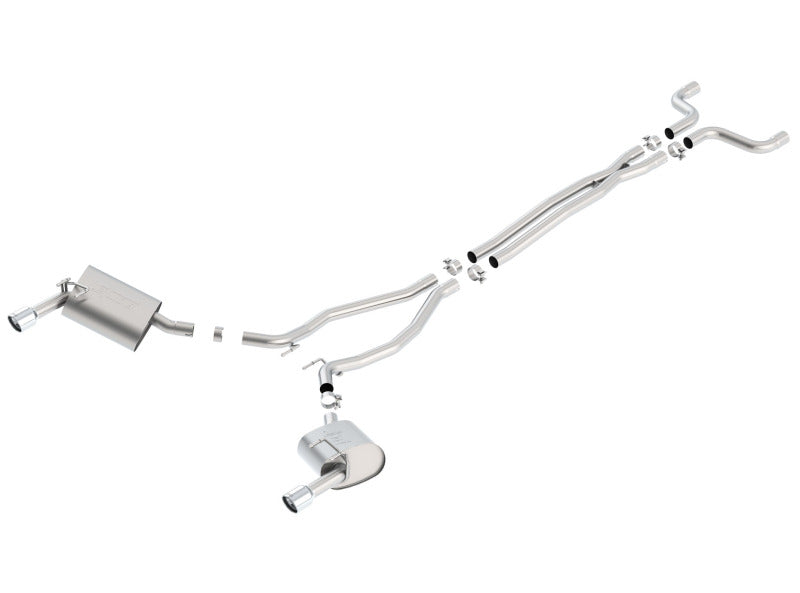 Borla 14-15 Camaro 3.6L V6 single split rear exit touring catback exhaust system installed on a sports car.
