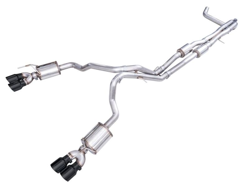 AWE Tuning Chevy Tahoe GM Yukon 6.2L cat back exhaust system with quad diamond black tips, showcasing polished stainless steel pipes.
