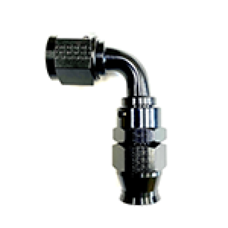 Fragola -4AN Real Street black forged 90-degree hose end fitting for PTFE hoses, made for high-performance automotive use.