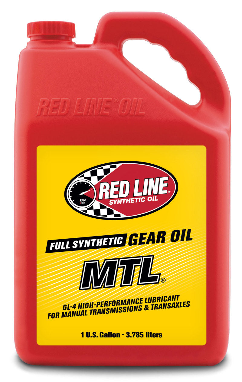 Red Line MTL 75W80 GL-4 gear oil gallon container, showing the product label and packaging for vehicle transmission lubrication.