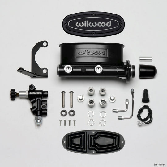 Wilwood HV tandem brake master cylinder kit with 1-inch bore, black finish, includes left-hand bracket and proportioning valve.