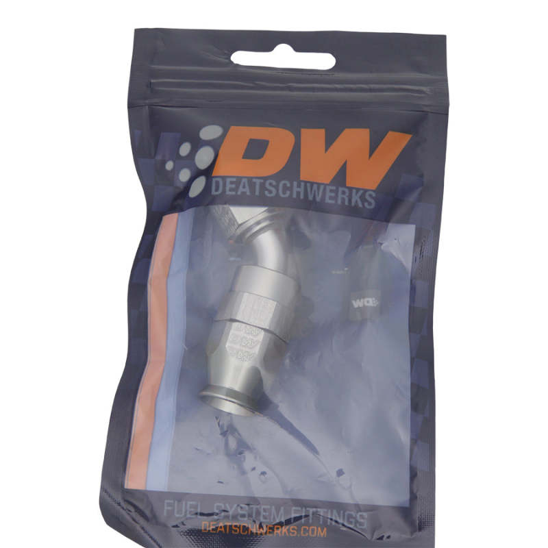 DeatschWerks 6AN female swivel hose end fitting with 45-degree angle and PTFE construction, includes olive insert.