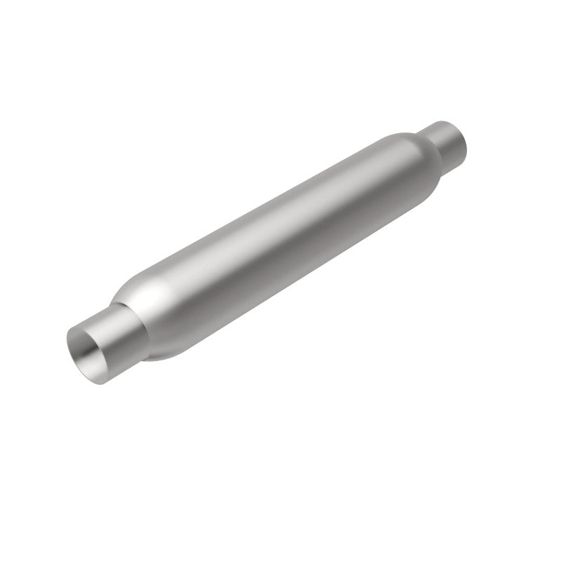 MagnaFlow muffler with 3.5-inch diameter and 18-inch length, featuring dual 2.25-inch inlet and outlet pipes.