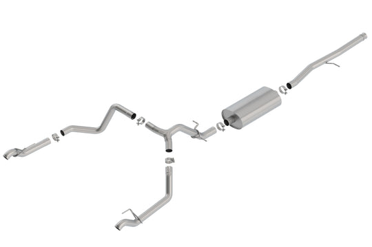 Borla catback exhaust system for 2019 Chevy Silverado 1500 5.3L V8 with stainless steel tips, featuring a Touring sound.