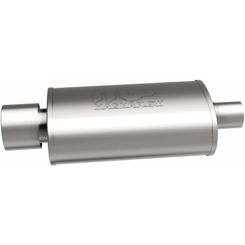 MagnaFlow stainless steel muffler with polished tip, 14x5x8 inches, suitable for automotive exhaust systems.
