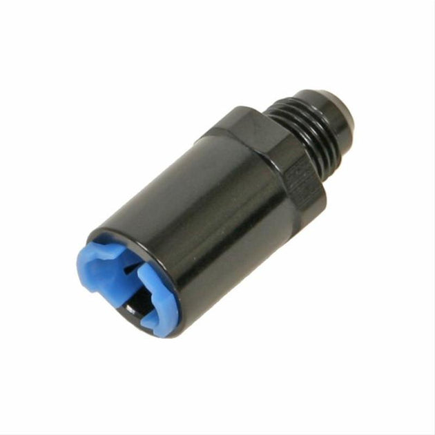 Fragola black -6AN x 5/16 F.1. fitting return, automotive fitting for fuel or oil lines, with threaded connections.