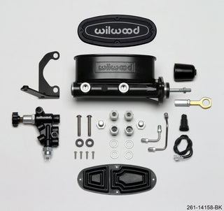 Wilwood HV tandem brake master cylinder kit with 15/16 inch bore, black finish, includes left-hand bracket and prop valve for early Mustang