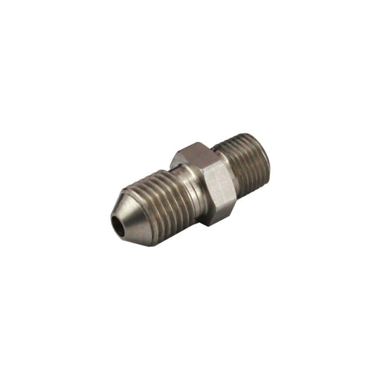 Turbosmart 1/8in NPT to -4AN stainless steel male fitting showing threaded NPT end and -4AN connection for fuel or oil lines