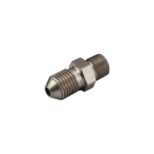 Turbosmart 1/8in NPT to -4AN stainless steel male fitting showing threaded NPT end and -4AN connection for fuel or oil lines