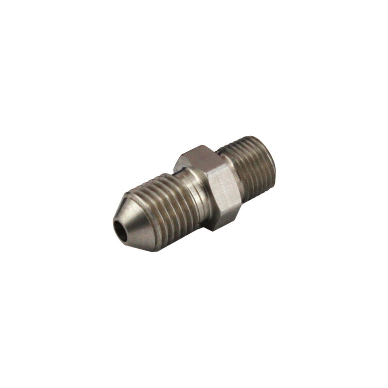 Turbosmart 1/8in NPT to -4AN stainless steel male fitting showing threaded NPT end and -4AN connection for fuel or oil lines