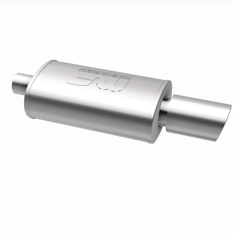 MagnaFlow stainless steel muffler with dual tips, 14x5x8 inches, showing the sleek design and polished finish.