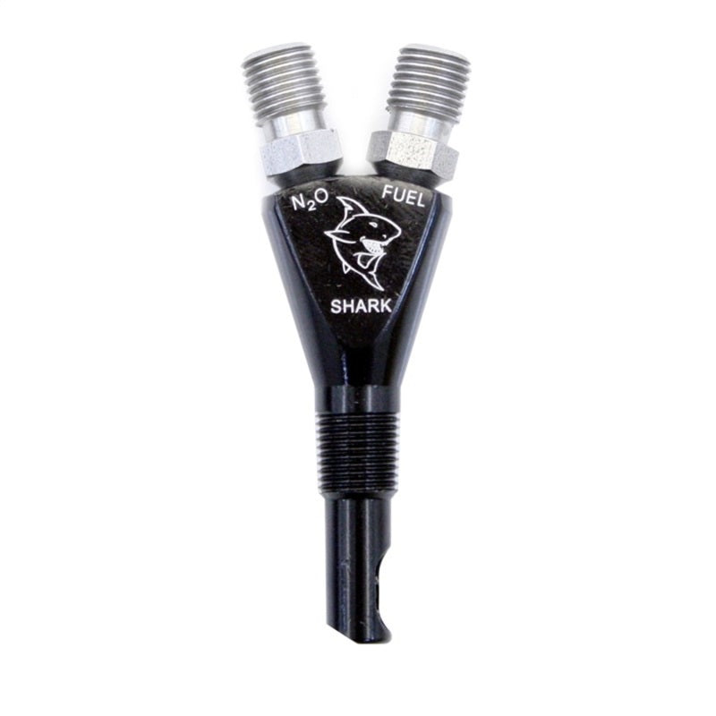 Nitrous Express Shark Nozzle for nitrous systems, showing the sleek, metallic nozzle with precise design for performance enhancement.