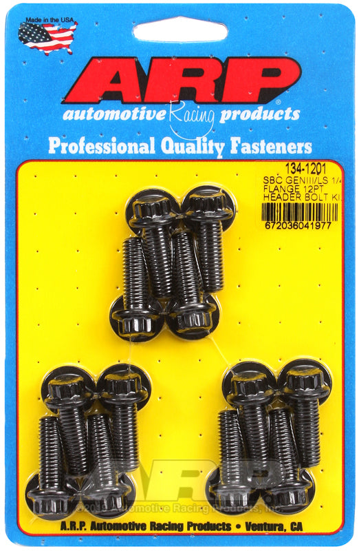 ARP SBC/GENII LS 1/4 flange header bolt kit with 12-point head hardware for engine installation, shown in the image.