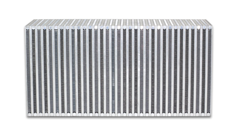 Vibrant vertical flow intercooler core with 22-inch width, 11-inch height, and 6-inch thickness, featuring a vibrant cooling fin design.