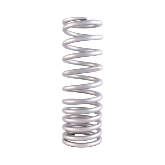 QA1 2-1/2 inch ID variable rate coilover spring, 10-inch length, silver powder coating, rated 140/250 lbs/in for suspension use.