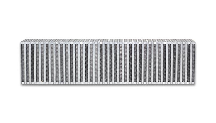 Vibrant vertical flow intercooler measuring 27 inches wide, 6 inches high, and 4.5 inches thick with aluminum fins and inlet/outlet ports.