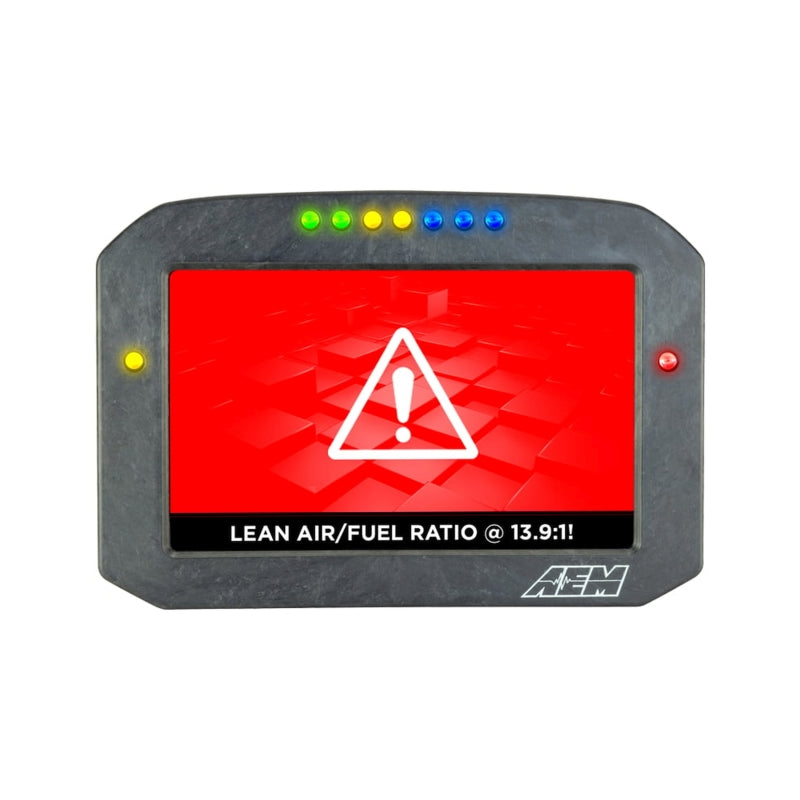 AEM CD-7 Carbon Flush Digital Dash Display gauge showing digital readout and sleek black carbon finish for vehicle dashboards.