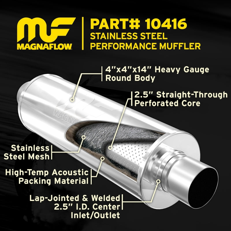 MagnaFlow Mag SS muffler with 14x4x4 inch size and 2.5x2.5 inch inlet and outlet pipes, stainless steel construction.